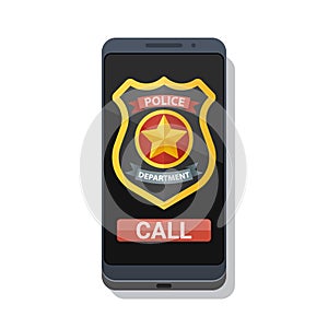 Call police app on smartphone screen. Police badge and emergency call button. Vector illustration