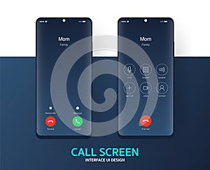 Call screen smartphone interface vector template, Mobile app page dark mode design layout, Flat UI for application