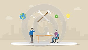Call technical support with men two people calling with wrench icon and city background with modern flat style - vector