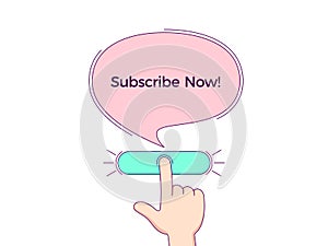 Call to action with text Subscribe Now. Cartoon human hand push the button by forefinger, CTA button