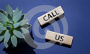 Call Us symbol. Wooden blocks with words Call Us. Beautiful deep blue background with succulent plant. Business and Call Us