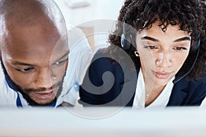 Callcenter face, thinking or teamwork on computer for coaching, consulting or networking in office. CRM, learning or