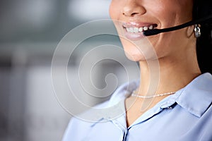 Callcenter, mouth and microphone with woman for communication, CRM and contact us for customer service. Tech support