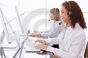 Callcenter people working calling for helpdesk hotline or Telesale agent, Customer support happy working with smile in office