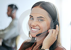 Callcenter, phone call and portrait of woman in office for customer service, telemarketing and headset at help desk