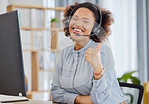 Callcenter, portrait and happy woman at help desk with thumbs up for advice, sales and telemarketing in headset