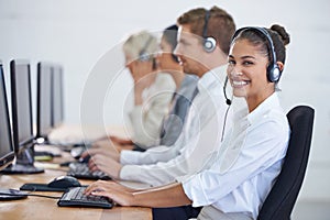 Callcenter, portrait and phone call with woman, typing on computer and consultant at customer support. Headset