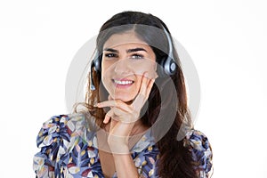 Callcenter smiling woman customer support phone operator happy beauty in headset