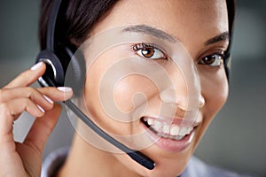 Callcenter, woman and portrait with headset and mic for communication, CRM and contact us for customer service. Tech