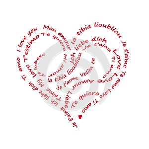 Calligram I love you written in alll languages, on white photo