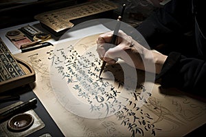 calligrapher, creating single-word or short messages on various surfaces and objects