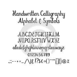 Calligraphic alphabet. Handwritten brush font. Uppercase, lowercase, ampersand. Wedding calligraphy