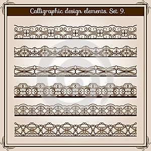 Calligraphic border set. Vector horizontal seamless lace borders
