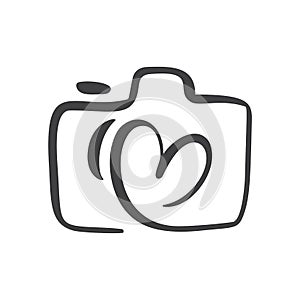 Calligraphic brush camera with heart graphic design concept, logo vector set. Valentine card graphic photo icon