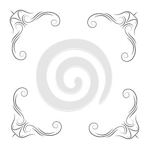 Calligraphic corners and decorative elements. Filigree flourish corners. Vector illustration.