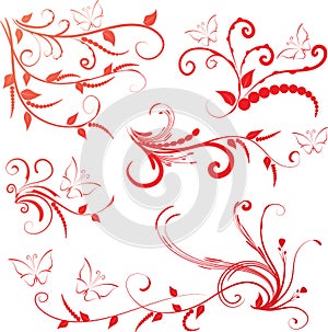 Calligraphic decorative elements butterfly flowers leaf plant with lines