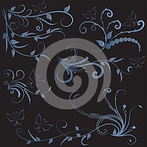 Calligraphic decorative elements butterfly flowers leaf plant with lines