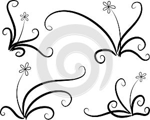 Calligraphic decorative elements butterfly flowers leaf plant with lines