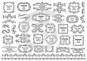 Calligraphic design elements . Decorative swirls or scrolls, vintage frames , flourishes, labels and dividers. Retro vector