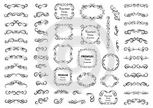 Calligraphic design elements . Decorative swirls or scrolls, vintage frames , flourishes, labels and dividers. Retro vector