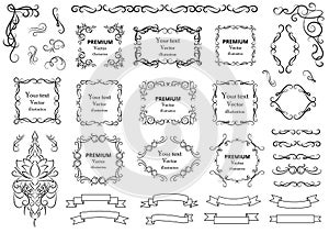 Calligraphic design elements . Decorative swirls or scrolls, vintage frames , flourishes, labels and dividers. Retro vector