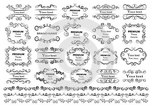 Calligraphic design elements . Decorative swirls or scrolls, vintage frames , flourishes, labels and dividers. Retro vector illust