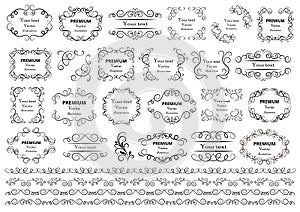 Calligraphic design elements . Decorative swirls or scrolls, vintage frames , flourishes, labels and dividers. Retro vector illust