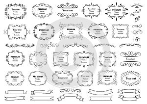 Calligraphic design elements . Decorative swirls or scrolls, vintage frames , flourishes, labels and dividers. Retro vector illust