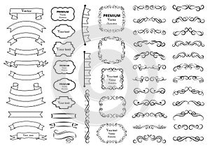 Calligraphic design elements . Decorative swirls or scrolls, vintage frames , flourishes, labels and dividers. Ribbon elements.