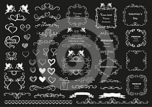 Calligraphic design elements . Decorative swirls and scrolls, vintage frames , flourishes, labels and dividers. Valentine`s day