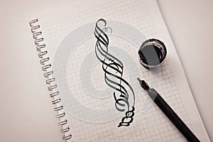 Calligraphic draw with pen and ink on paper