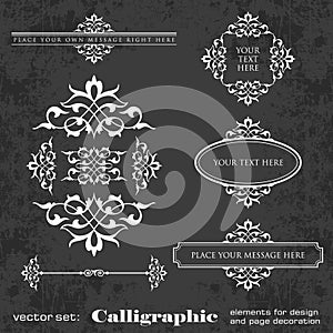 Calligraphic elements for design and page decoration on a chalkboard background - vector set