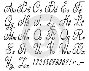 Calligraphic font with numbers. Calligraphic alphabet.