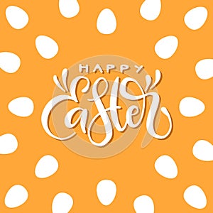 Calligraphic inscription of happy Easter on the orange background with eggs pattern. Vector banner