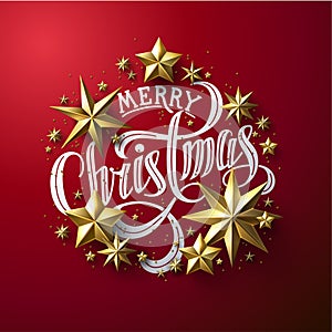 Calligraphic `Merry Christmas` Lettering Decorated with Gold Stars.