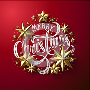 Calligraphic `Merry Christmas` Lettering Decorated with Gold Stars. photo