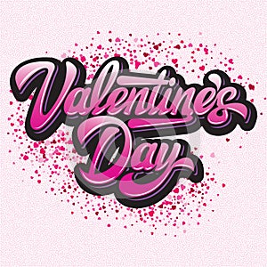 Calligraphic stylish vector inscription Valentines Day with hearts on a colored pink background