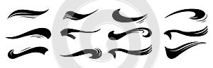 Calligraphic swoosh tail set, underline marker strockes. Sport logo typography elements. Texting letters tail for lettering or