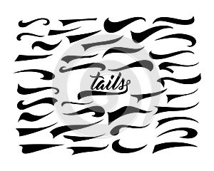 Calligraphic swoosh tail set, underline marker strockes. Sport logo typography elements. Texting letters tail for lettering or