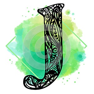 Calligraphic watercolor letter J. Vector illustration. Vector decoration.