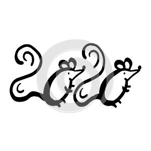 Calligraphy 2020 New Year of the rat. Hand-drawn numbers for holiday calendars, cards and more. Text lettering. Isolated o