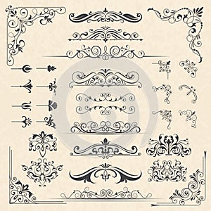 Calligraphy borders corners. Classic vintage ornament victorian old frames vector design elements