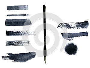 calligraphy chinese brush set watercolor and abstract ink black.isolated on white background