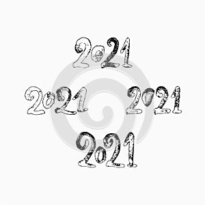 Calligraphy dry brush 2021 set of four vector templates. Figures of the year 2021 in black.