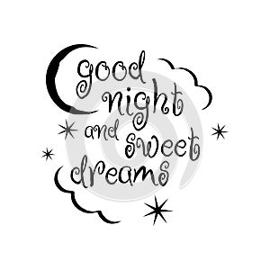 calligraphy good night and sweet dreams lettering vector isolated on white background