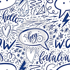 Calligraphy hand lettering seamless pattern. Positive signs, star, heart, speech bubbles, geometric forms. Perfect for