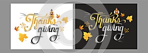 Calligraphy of Happy Thanksgiving with turkey bird and maple leaves on background.