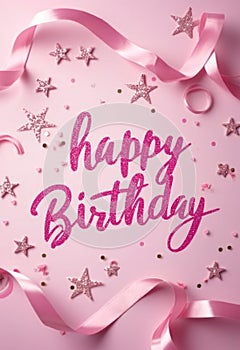 Calligraphy lettering - Happy Birthday, with pink ribbon decoration and glitter stars. Template for birthday greeting card