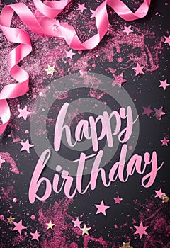 Calligraphy lettering - Happy Birthday, with pink ribbon decoration and glitter stars. Template for birthday greeting card