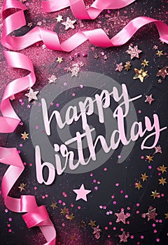 Calligraphy lettering - Happy Birthday, with pink ribbon decoration and glitter stars. Template for birthday greeting card